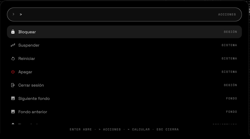 Launcher actions in Spanish: Bloquear, Suspender, Reiniciar, Apagar, Cerrar sesión, Siguiente fondo.
