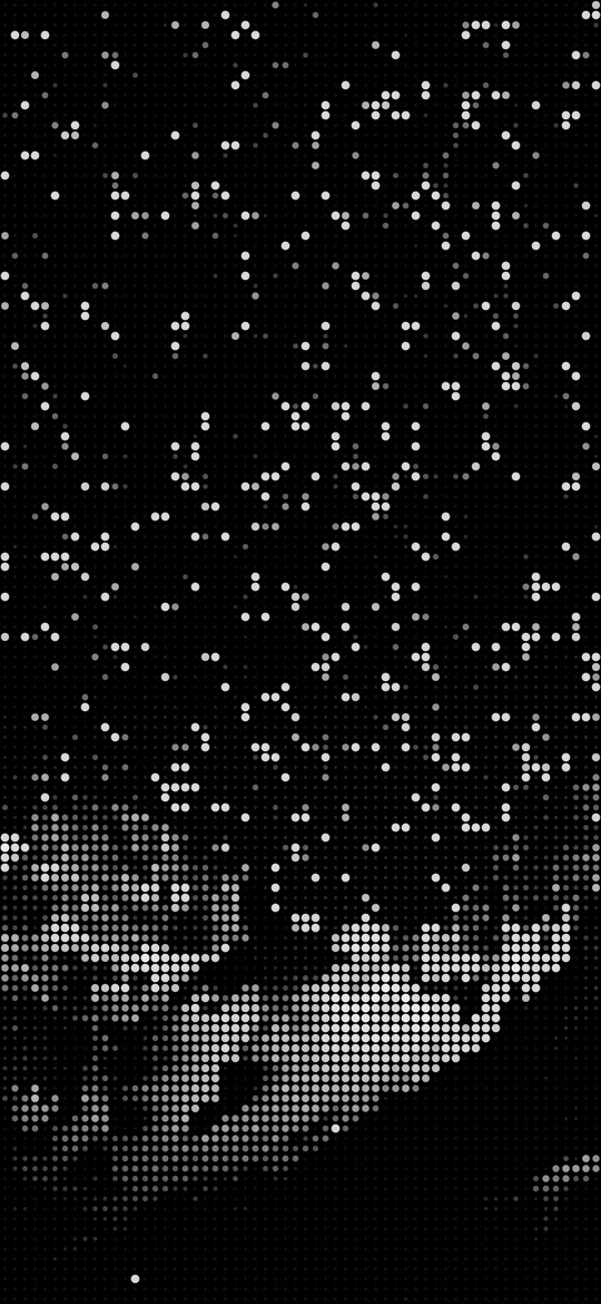 A photo of a night sky over snowy mountains as a phone wallpaper made of LEDs: stars as single dots, the mountains as fields of grey and white dots.