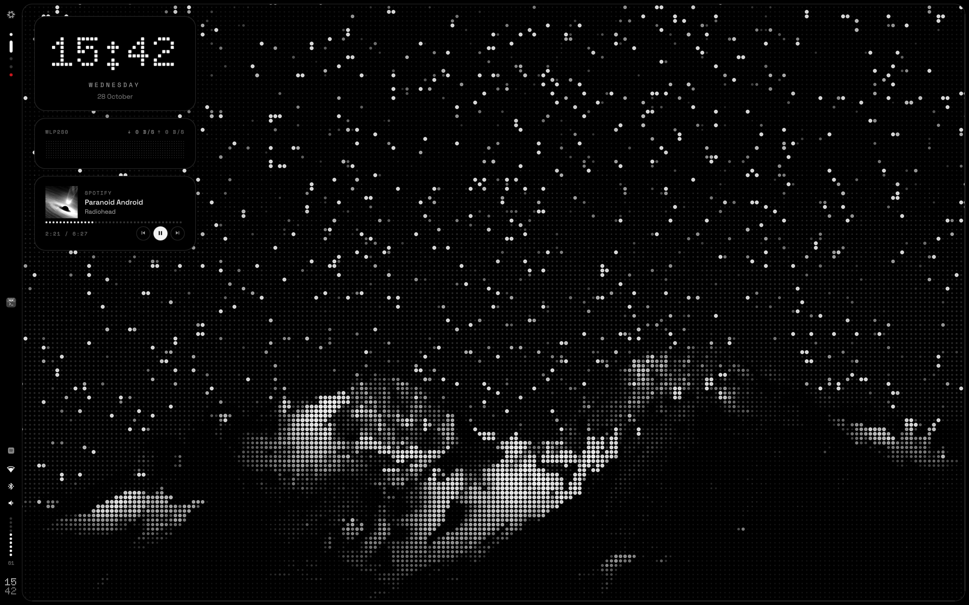 The NIHIL desktop: a black frame around a dot-matrix wallpaper of a night sky over mountains, the bar on the left with workspace LEDs, and clock, network and music widgets.